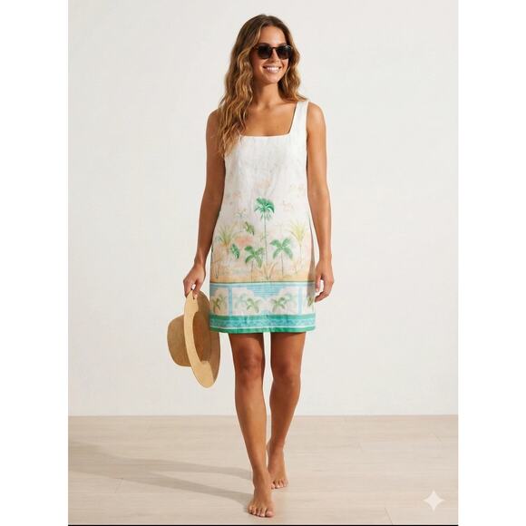 NWT London Times Shift Dress Size 10 Tropical Print Linen Pockets Sleeveless - Picture 2 of 11